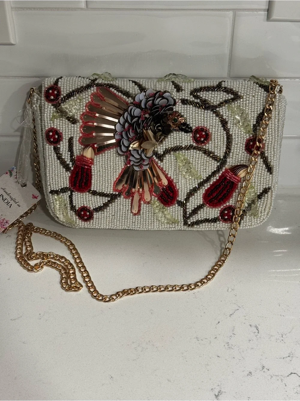 Beaded Floral & Bird Embellished Crossbody with Gold Chain Hummingbird and Seed